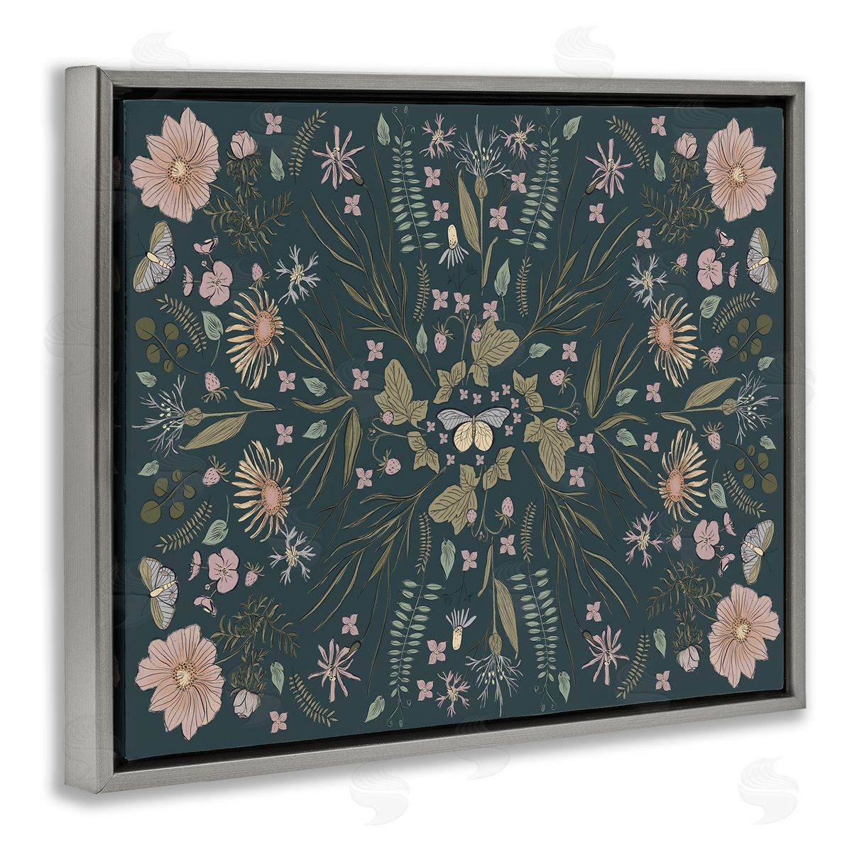Birgit Maria Kiennast Varied Floral Botanical Pattern Butterfly Insect  Gray Floating Frame Canvas Wall Art Print