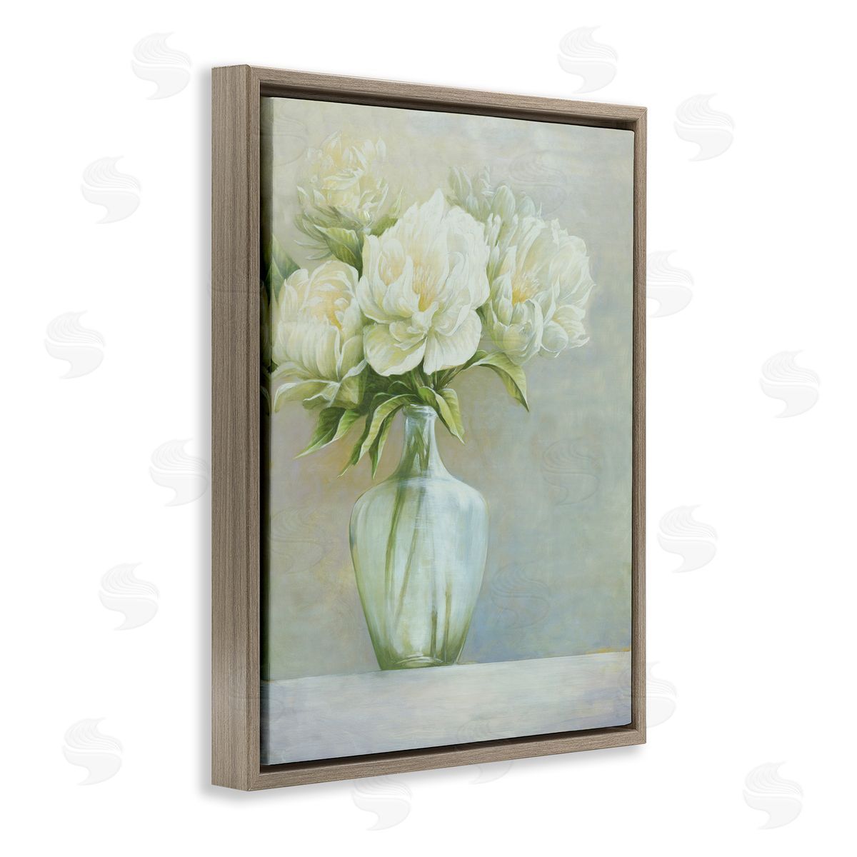 Cloverfield & Co. Blooming White Flowers Traditional Vase Still Life Brown Floating Frame Canvas Wall Art Print