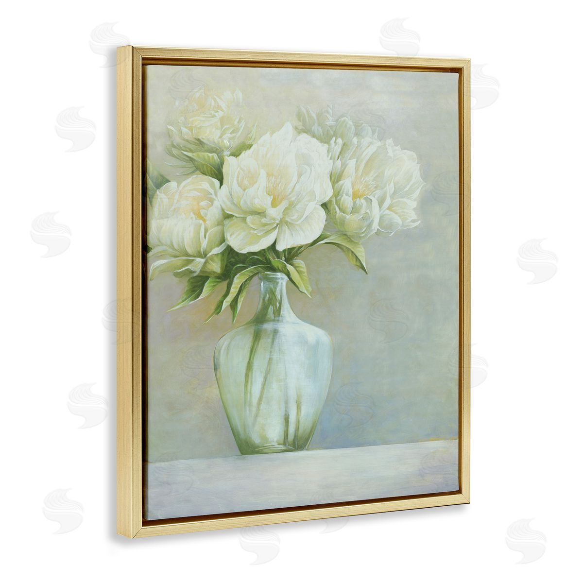 Cloverfield & Co. Blooming White Flowers Traditional Vase Still Life Gold Floating Frame Canvas Wall Art Print