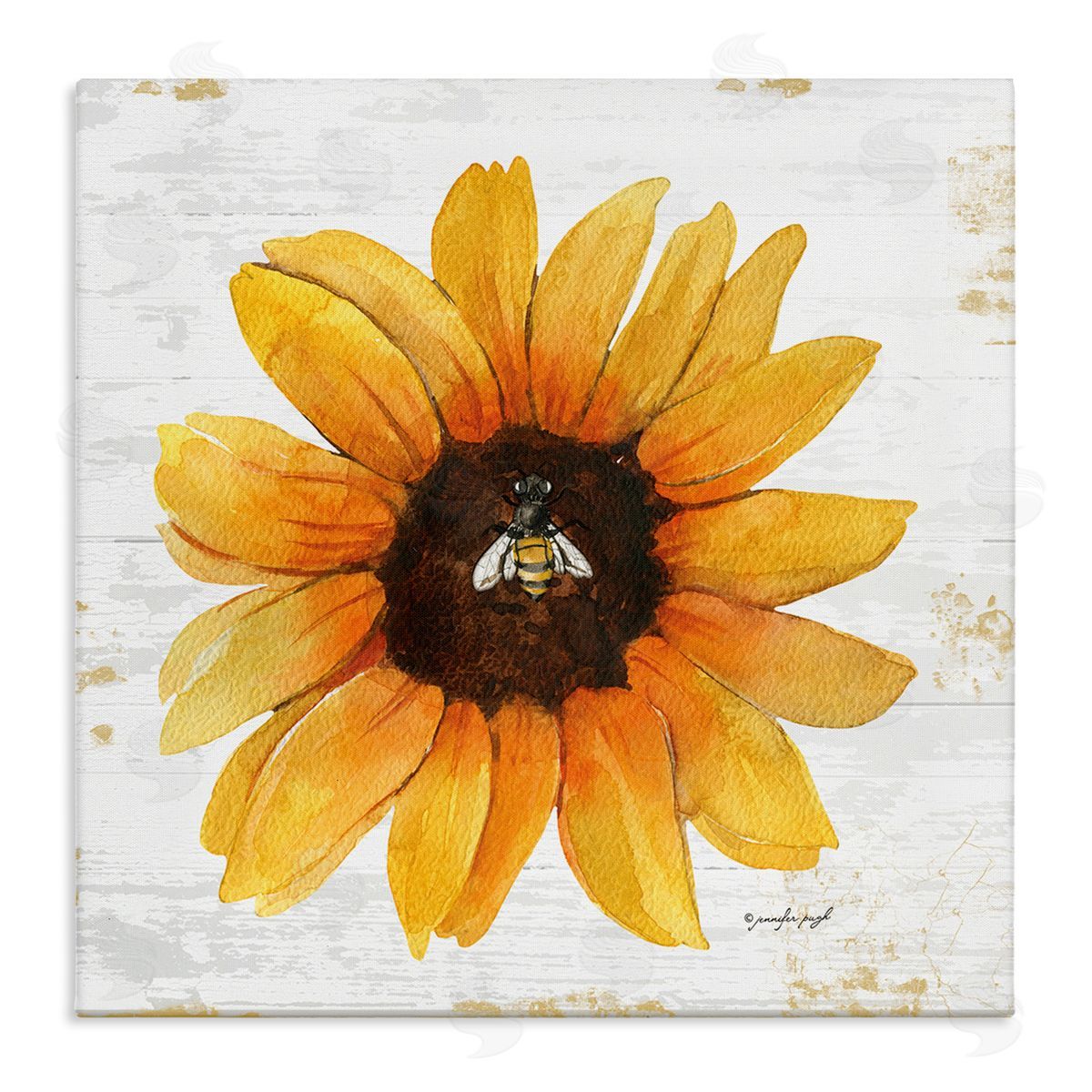 Jennifer Pugh Rustic Sunflower Petals Lone Bumble Bee Flower Design Stretched Canvas Wall Art Print