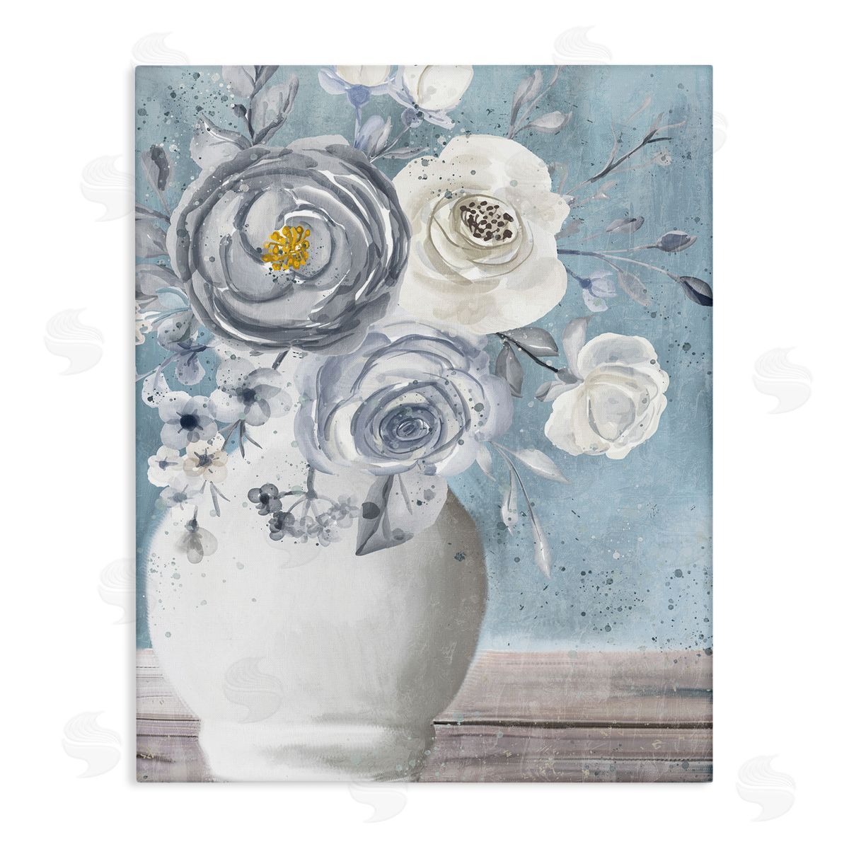 Kim Allen Round Flower Blossom Bouquet Blue Paint Speckles Stretched Canvas Wall Art Print