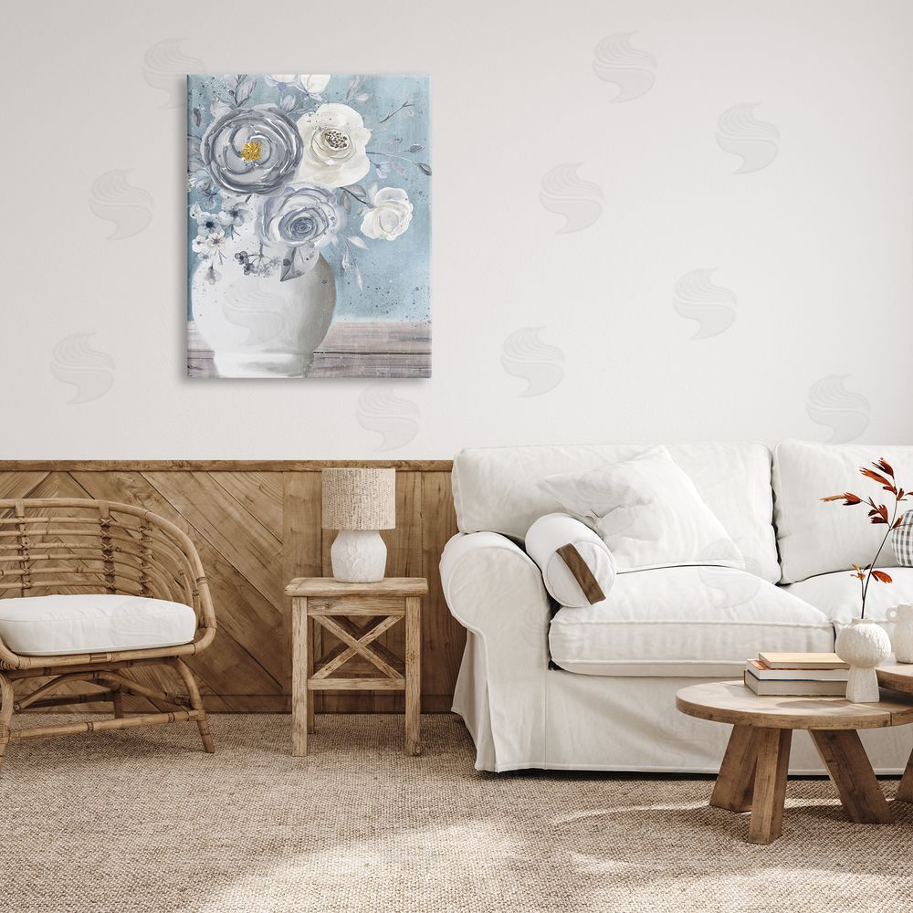 Kim Allen Round Flower Blossom Bouquet Blue Paint Speckles Canvas Wall Art Print in Room