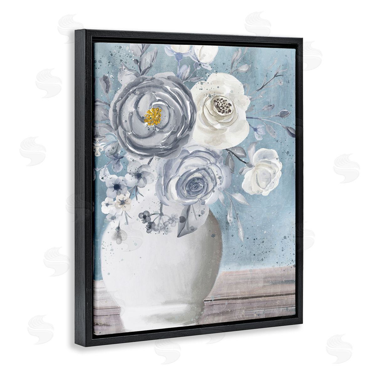 Kim Allen Round Flower Blossom Bouquet Blue Paint Speckles Black Floating Frame Canvas Wall Art Print