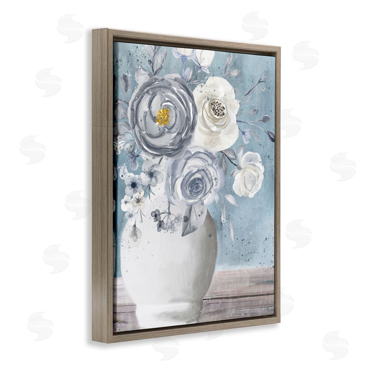Kim Allen Round Flower Blossom Bouquet Blue Paint Speckles Brown Floating Frame Canvas Wall Art Print
