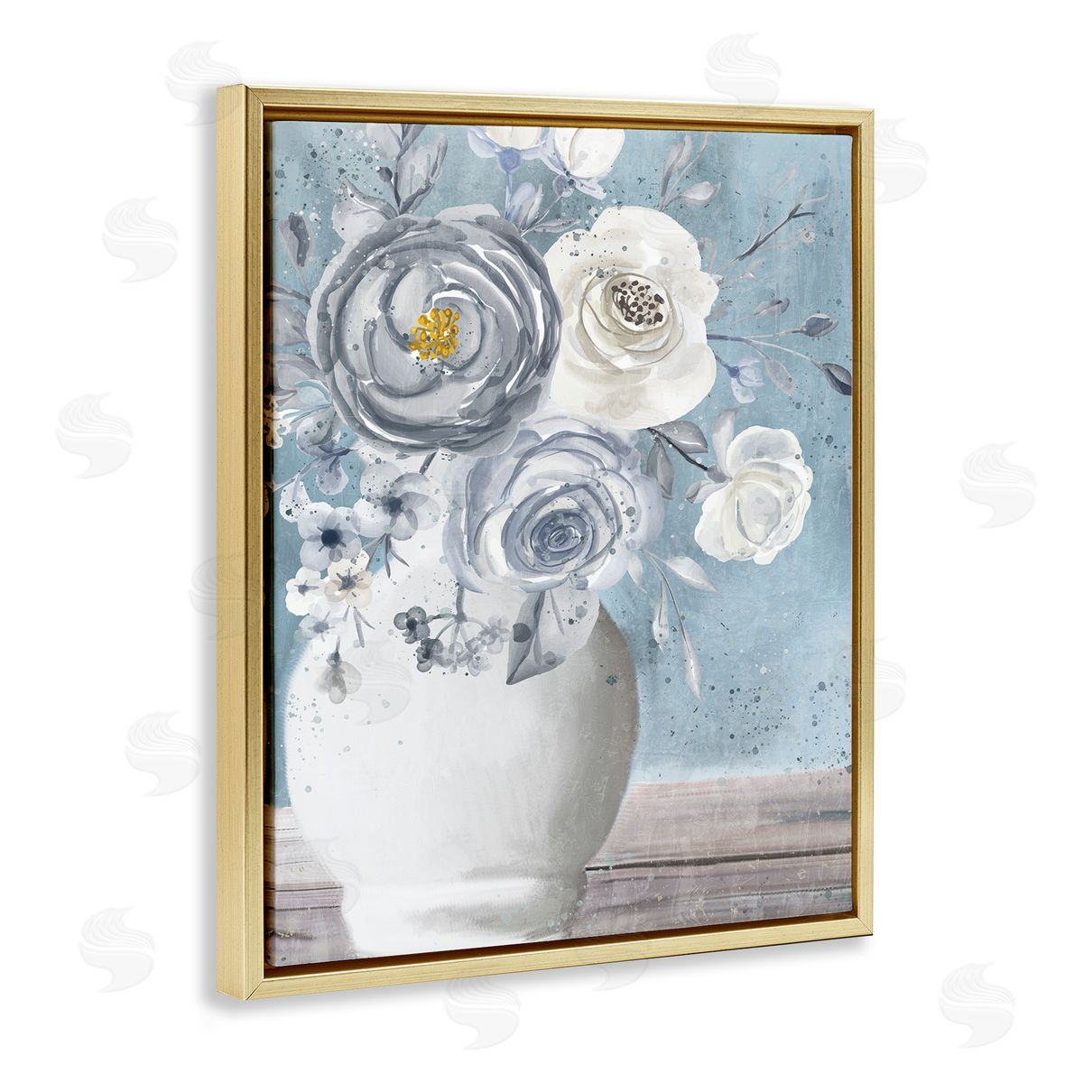 Kim Allen Round Flower Blossom Bouquet Blue Paint Speckles Gold Floating Frame Canvas Wall Art Print