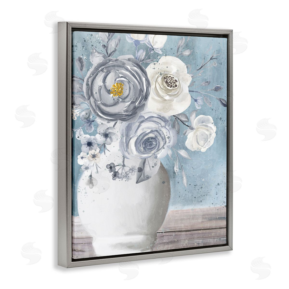 Kim Allen Round Flower Blossom Bouquet Blue Paint Speckles Gray Floating Frame Canvas Wall Art Print