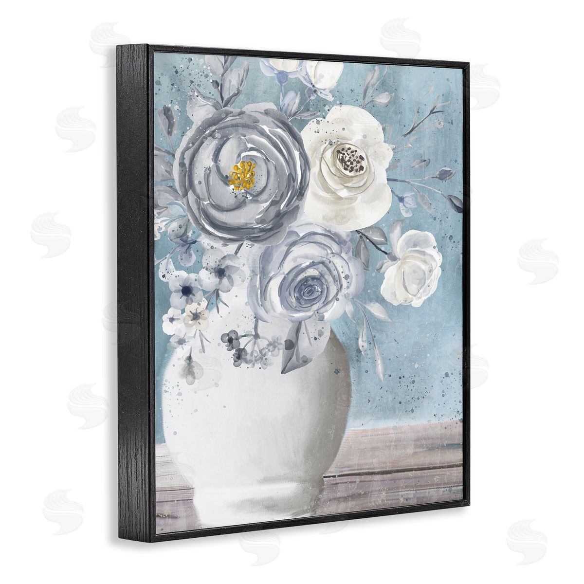 Kim Allen Round Flower Blossom Bouquet Blue Paint Speckles Black Framed Giclee Wall Art Print