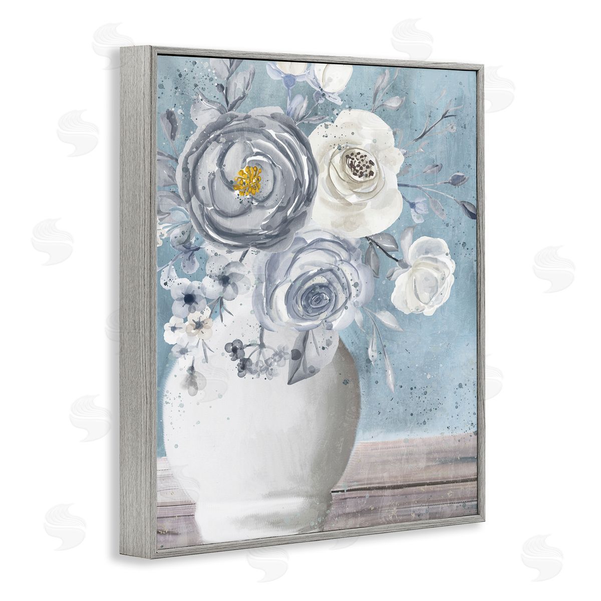 Kim Allen Round Flower Blossom Bouquet Blue Paint Speckles Gray Framed Giclee Wall Art Print