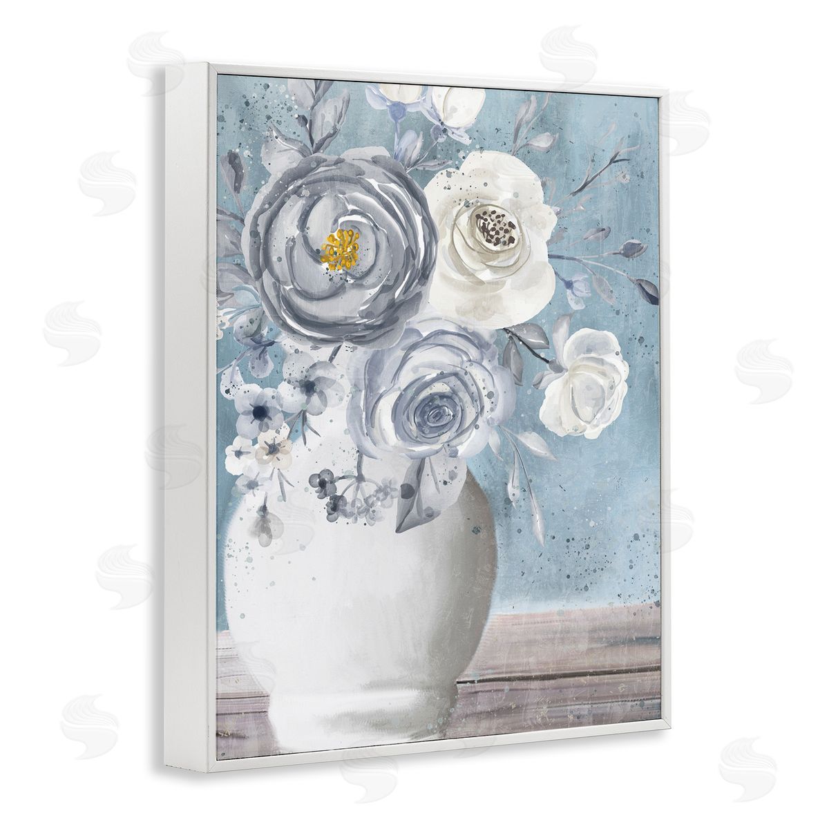 Kim Allen Round Flower Blossom Bouquet Blue Paint Speckles White Framed Giclee Wall Art Print