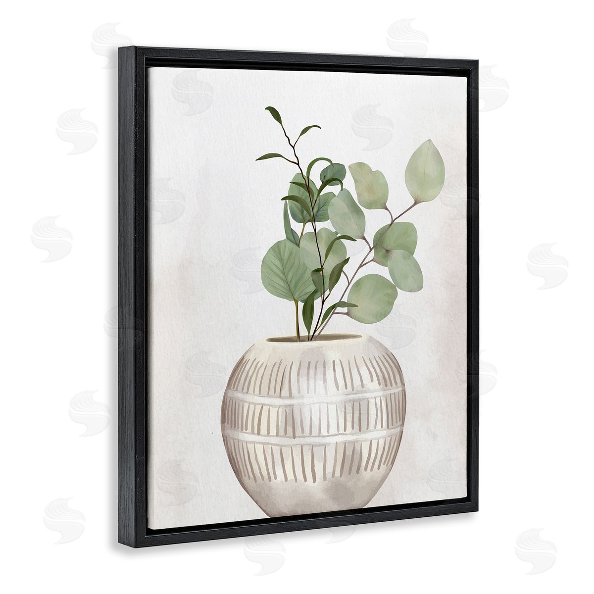 Kim Allen Potted Herbal Plants Round Leaves Patterned Vase Black Floating Frame Canvas Wall Art Print