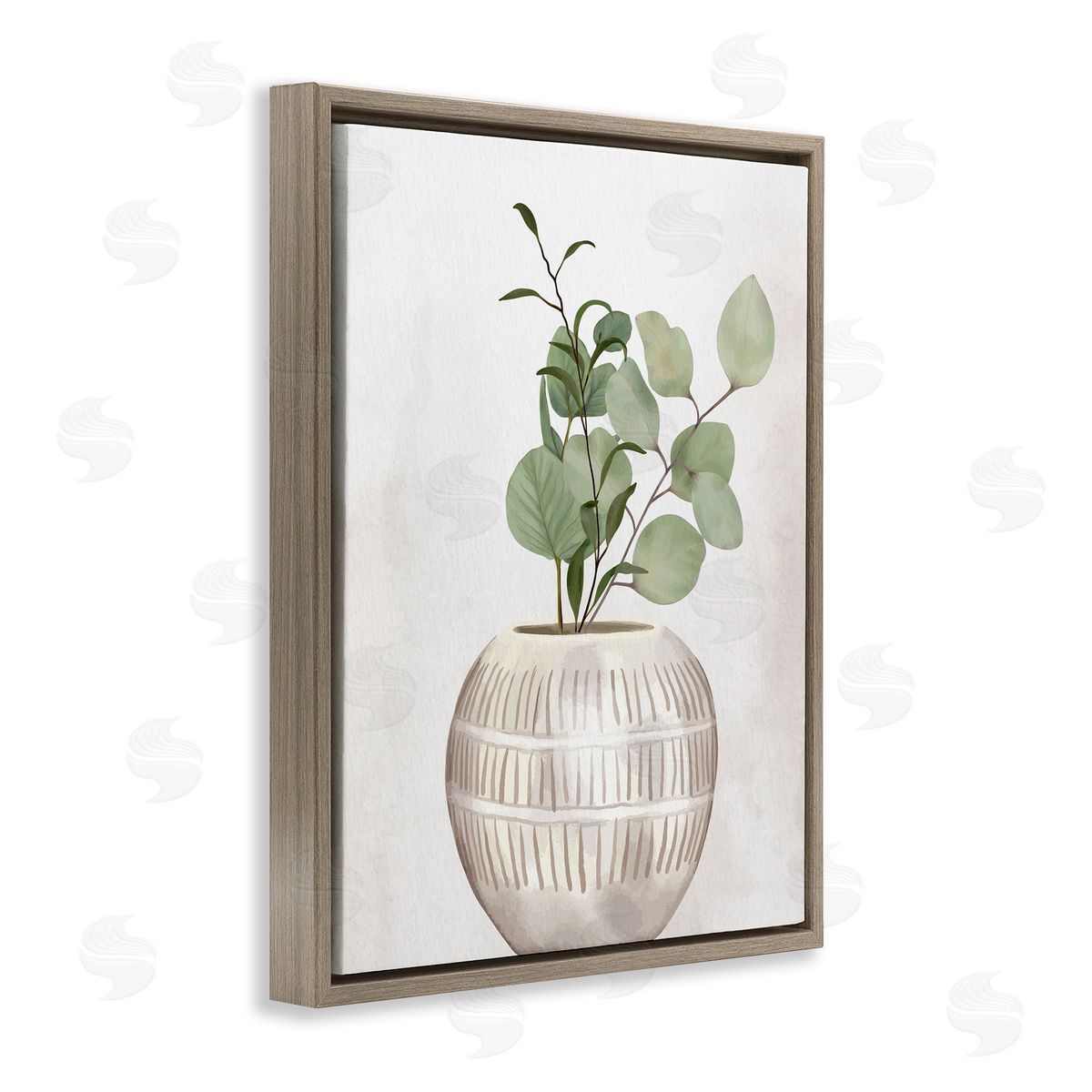 Kim Allen Potted Herbal Plants Round Leaves Patterned Vase Brown Floating Frame Canvas Wall Art Print