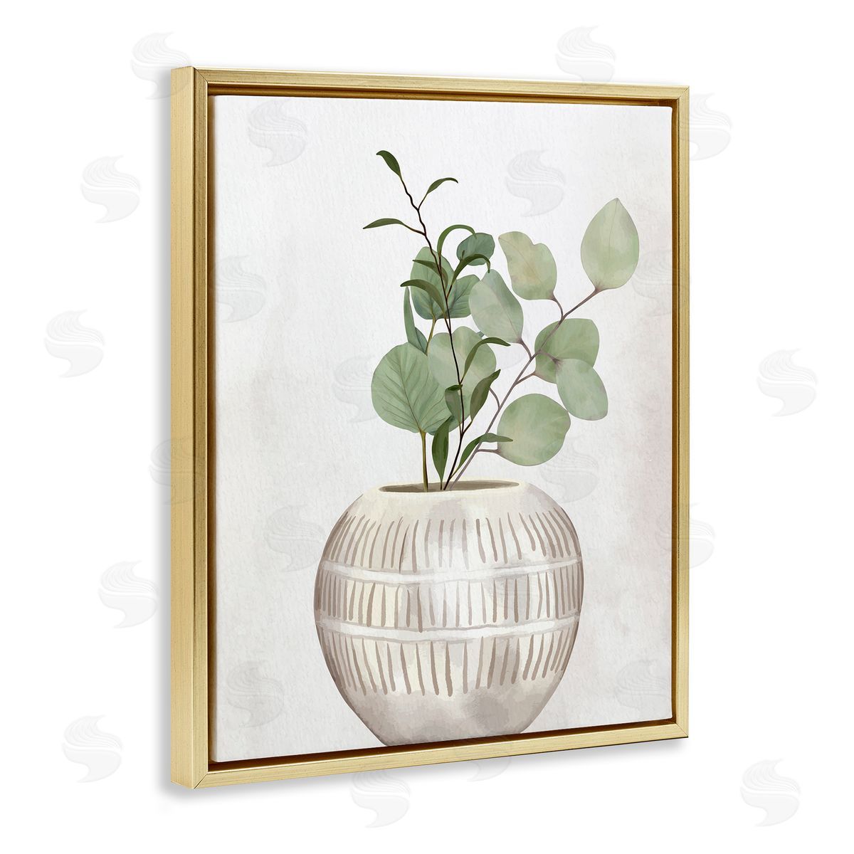 Kim Allen Potted Herbal Plants Round Leaves Patterned Vase Gold Floating Frame Canvas Wall Art Print