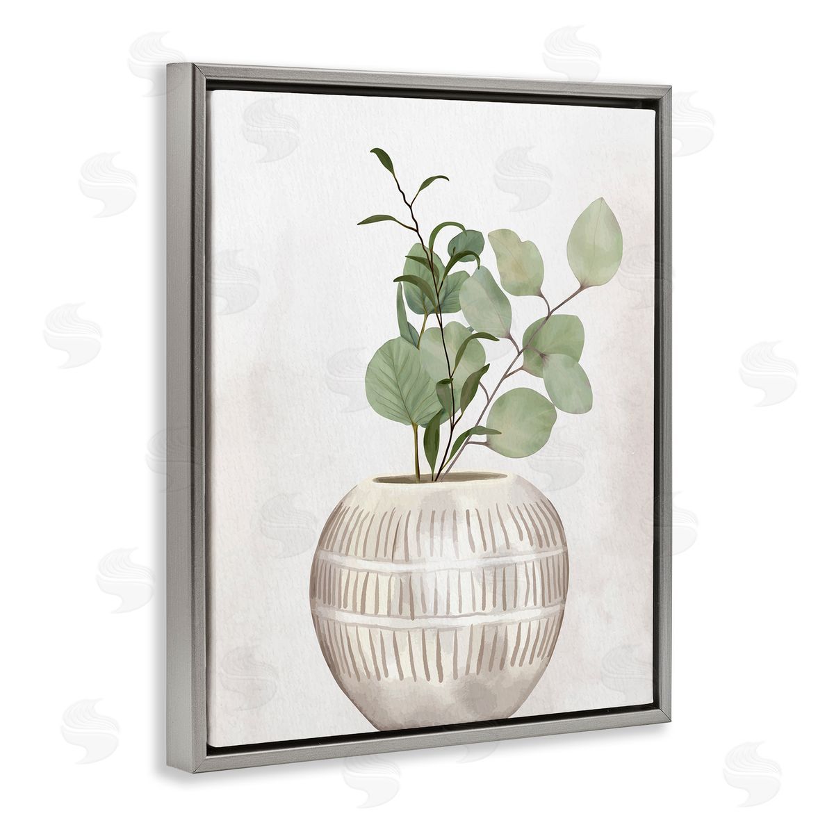 Kim Allen Potted Herbal Plants Round Leaves Patterned Vase Gray Floating Frame Canvas Wall Art Print