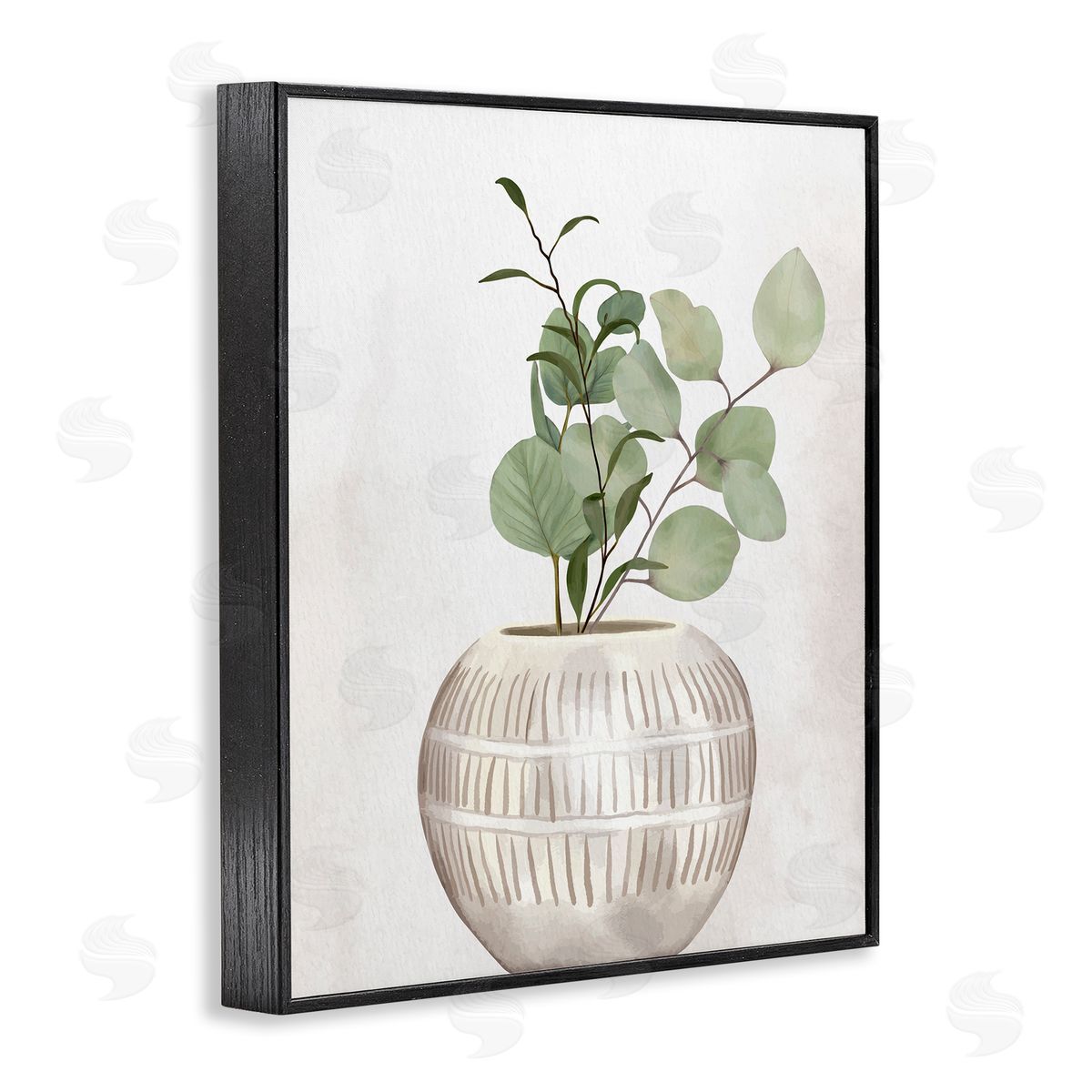 Kim Allen Potted Herbal Plants Round Leaves Patterned Vase Black Framed Giclee Wall Art Print