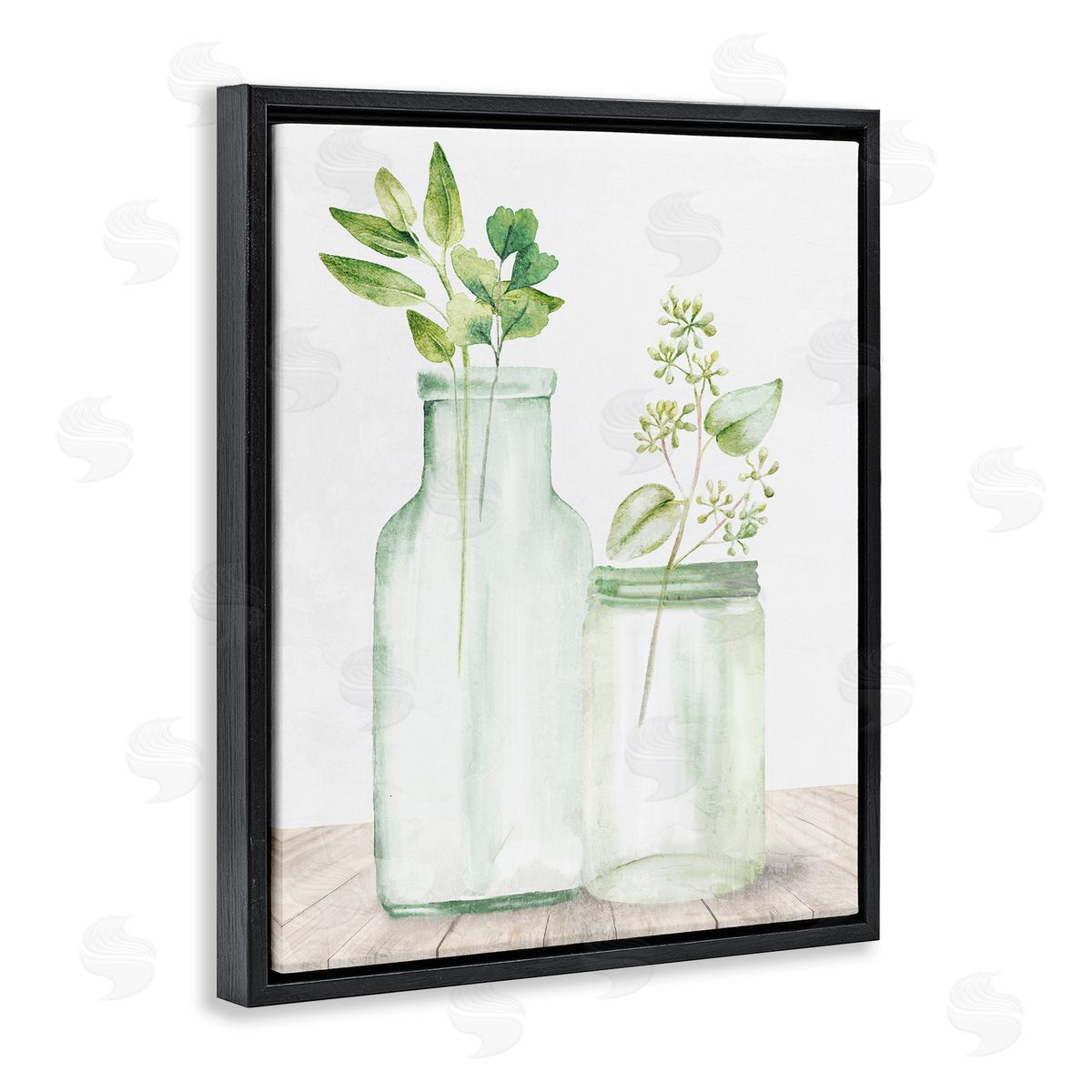 Kim Allen Herbal Plant Sprigs Country Glass Jars Rustic Painting Black Floating Frame Canvas Wall Art Print