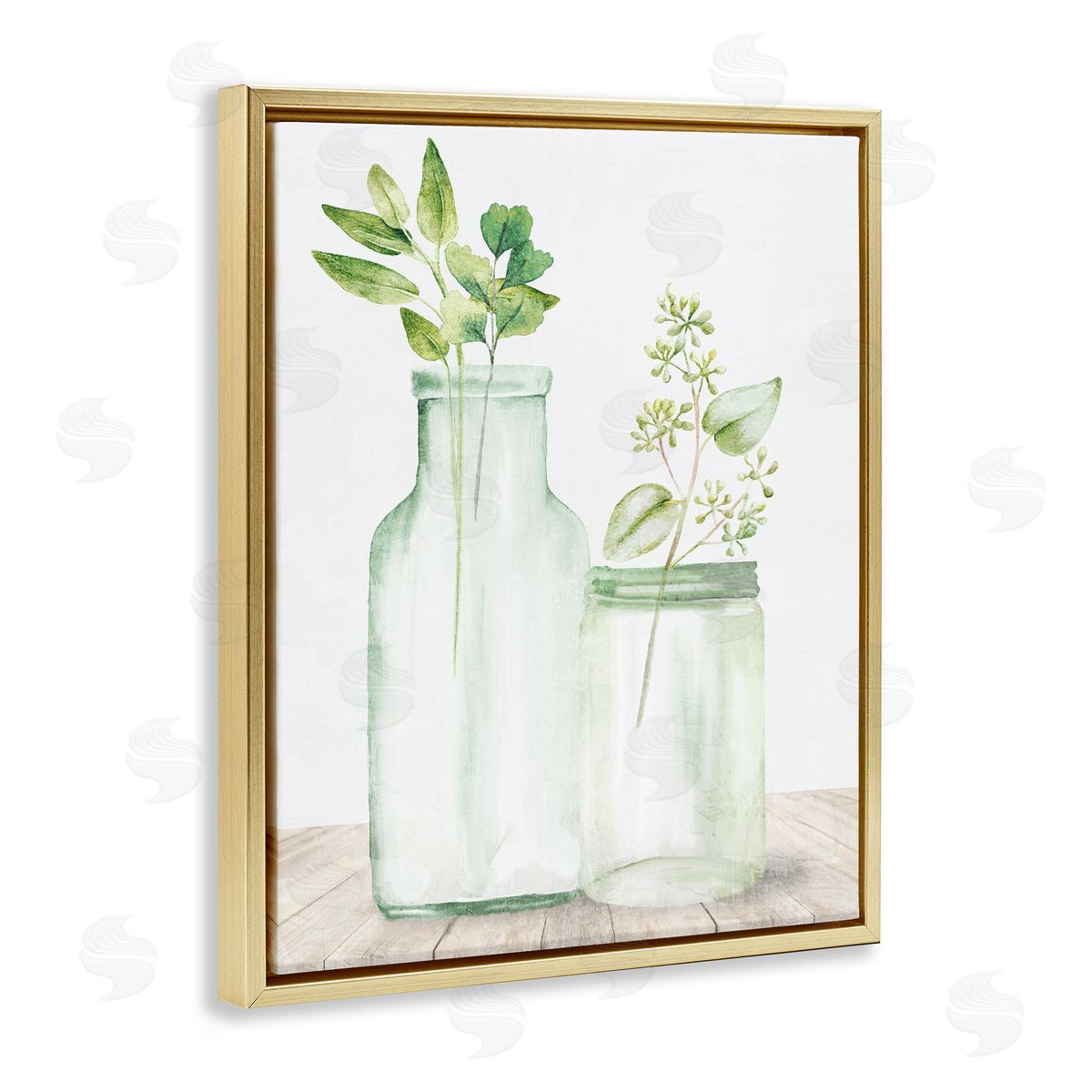 Kim Allen Herbal Plant Sprigs Country Glass Jars Rustic Painting Gold Floating Frame Canvas Wall Art Print