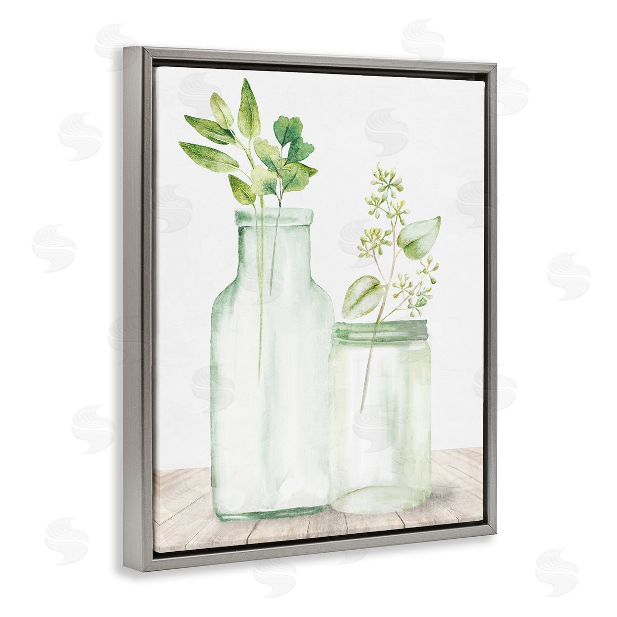 Kim Allen Herbal Plant Sprigs Country Glass Jars Rustic Painting Gray Floating Frame Canvas Wall Art Print