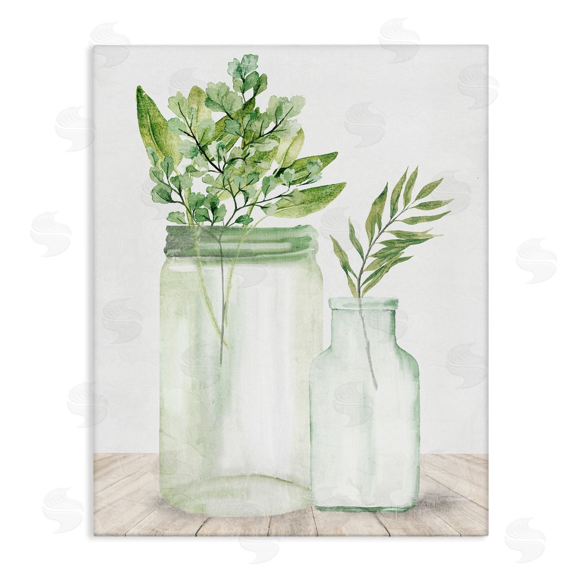 Kim Allen Country Plant Leaves Rustic Glass Jars Arrangement Stretched Canvas Wall Art Print