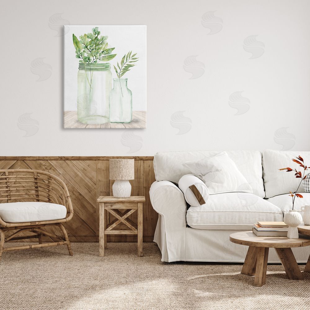 Kim Allen Country Plant Leaves Rustic Glass Jars Arrangement Canvas Wall Art Print in Room