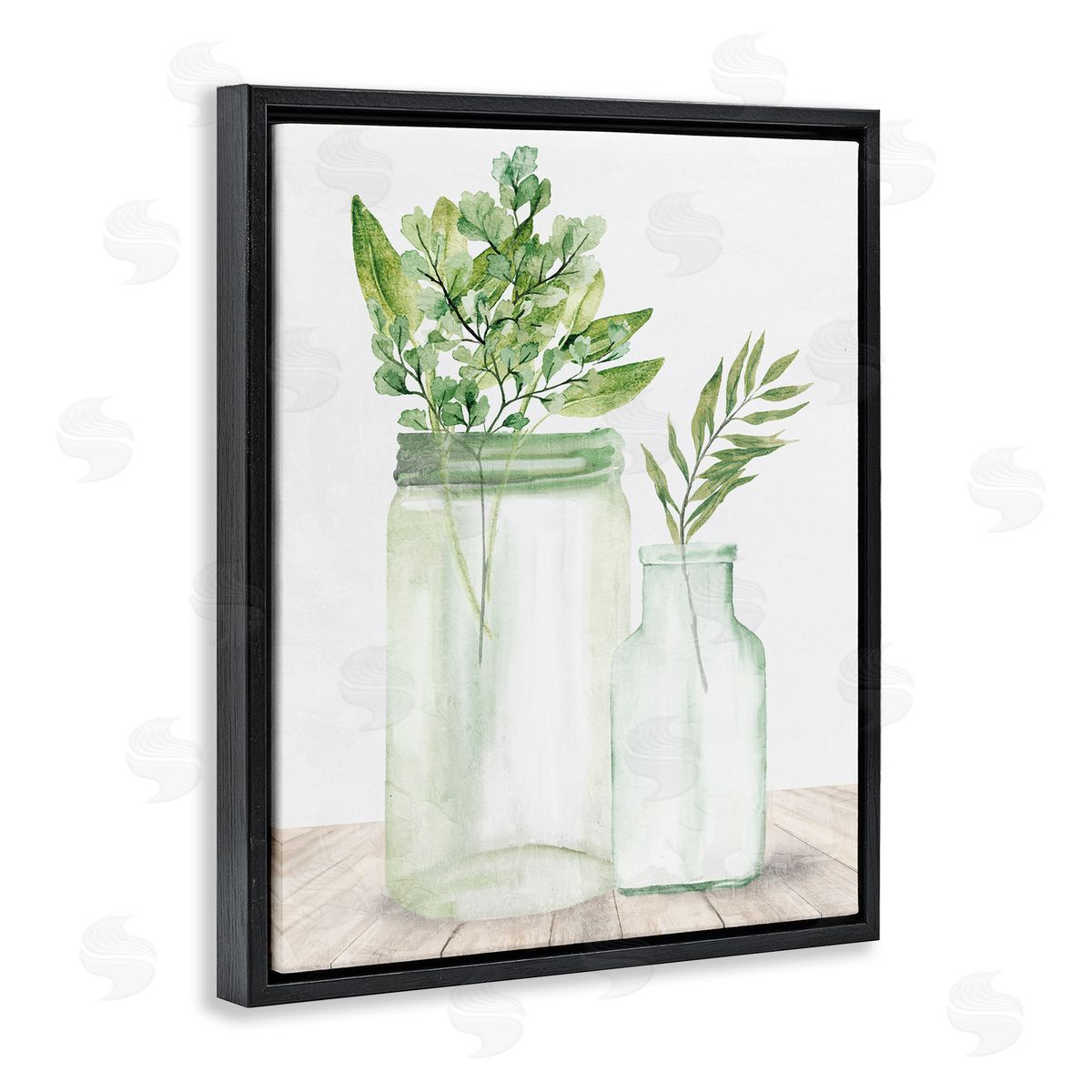 Kim Allen Country Plant Leaves Rustic Glass Jars Arrangement Black Floating Frame Canvas Wall Art Print