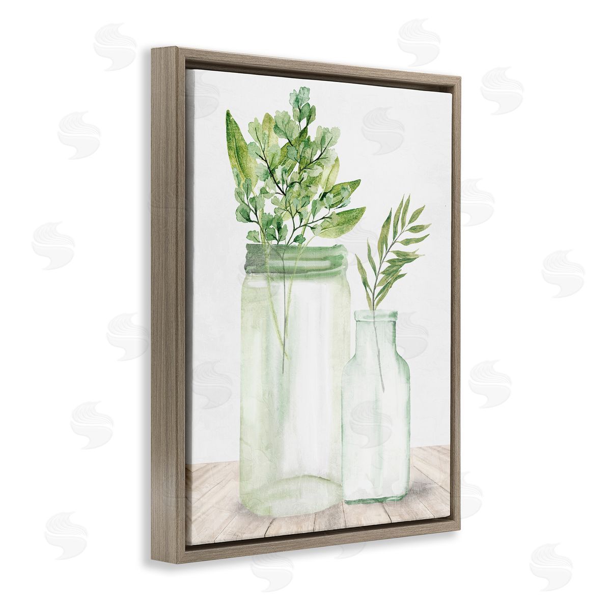 Kim Allen Country Plant Leaves Rustic Glass Jars Arrangement Brown Floating Frame Canvas Wall Art Print