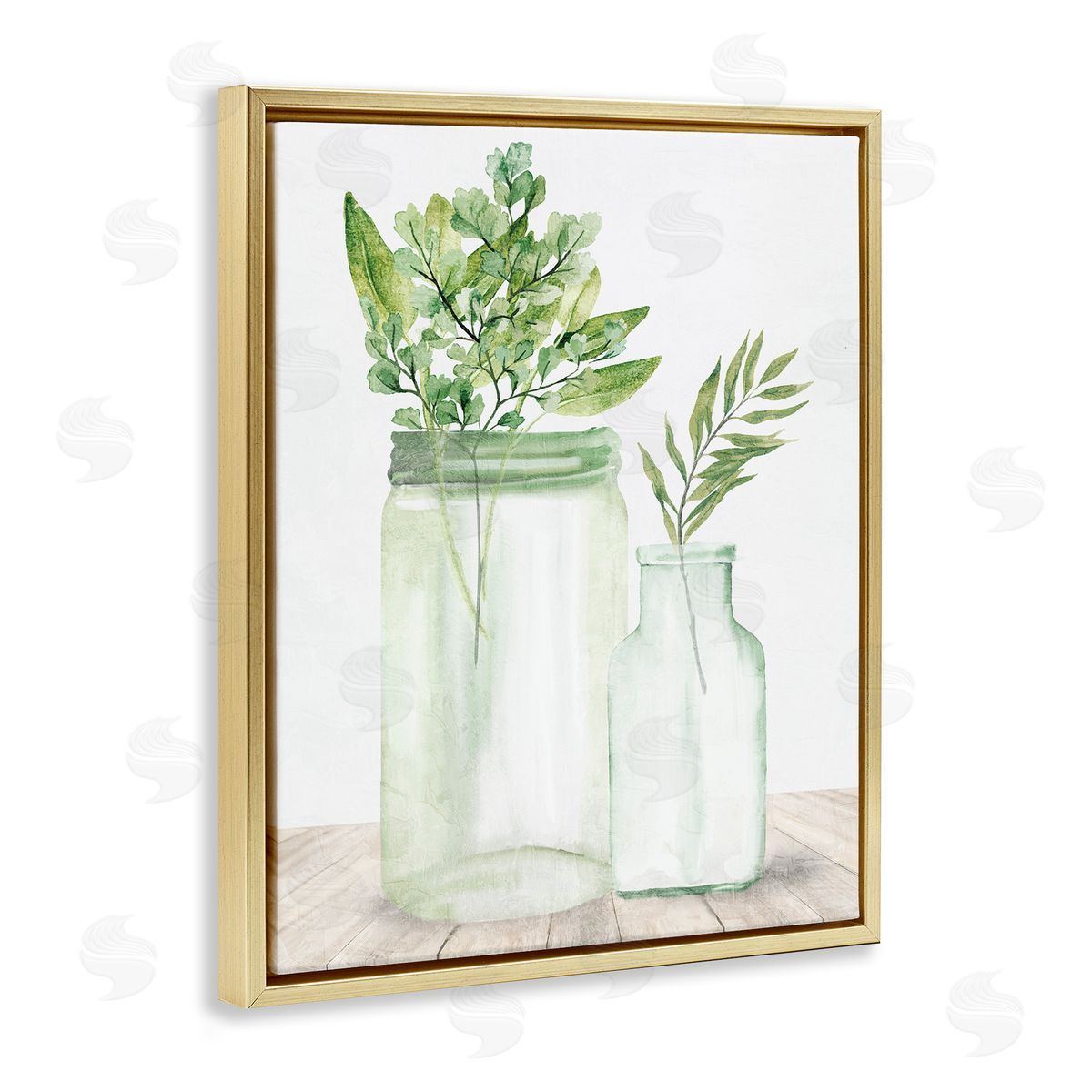 Kim Allen Country Plant Leaves Rustic Glass Jars Arrangement Gold Floating Frame Canvas Wall Art Print