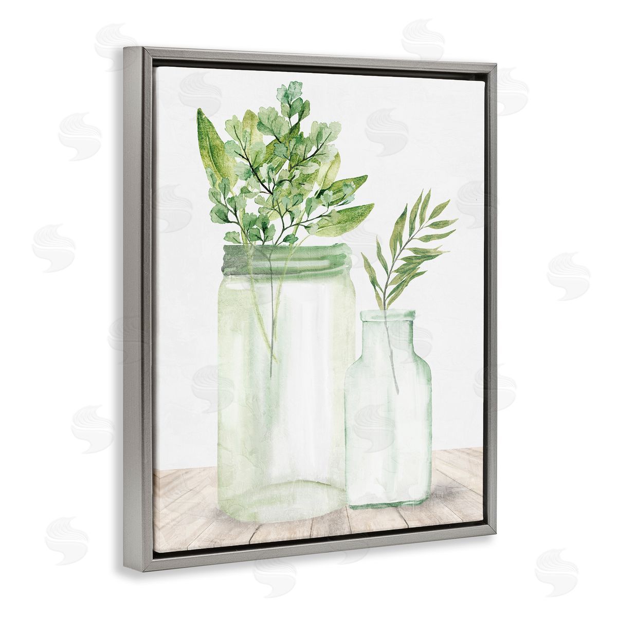Kim Allen Country Plant Leaves Rustic Glass Jars Arrangement Gray Floating Frame Canvas Wall Art Print