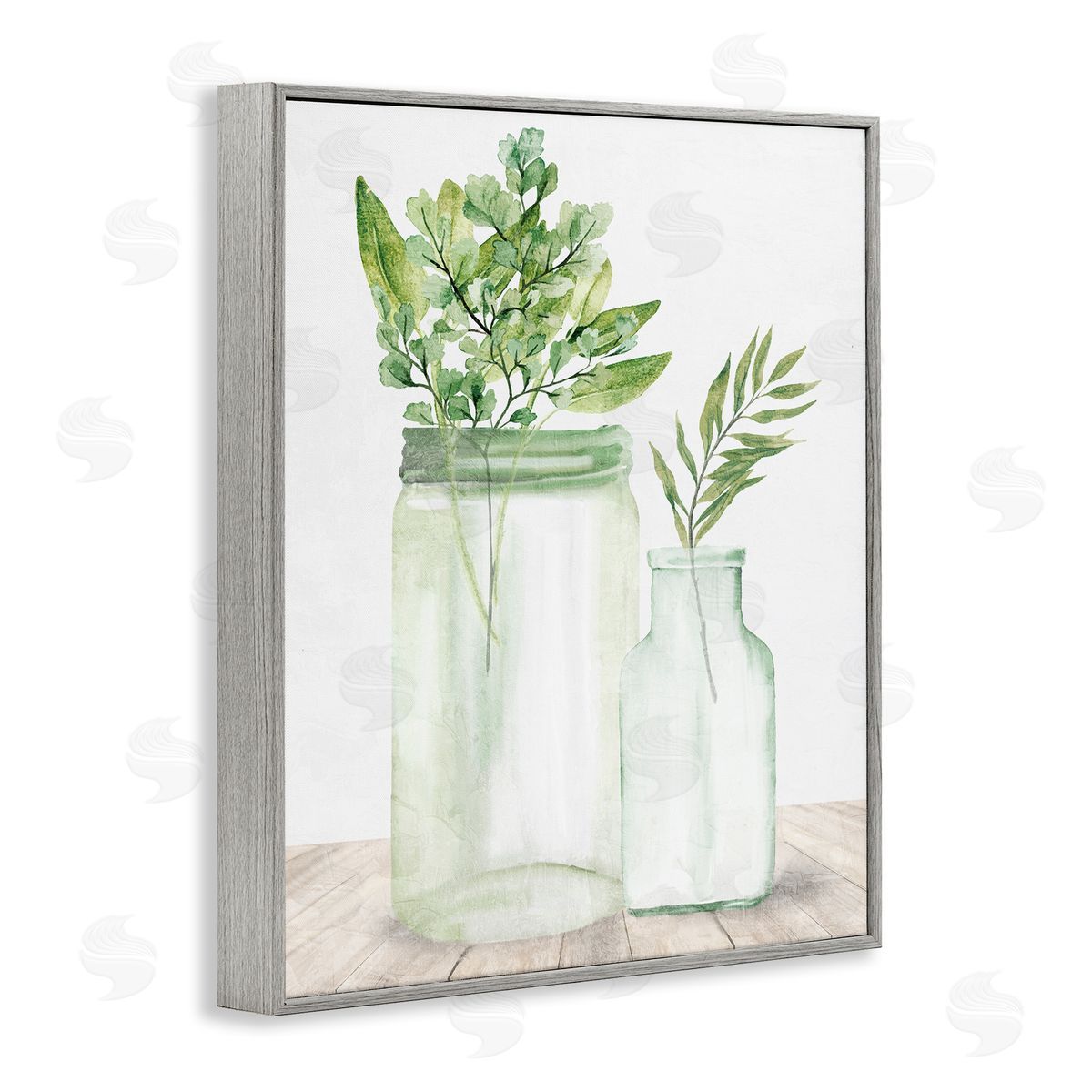 Kim Allen Country Plant Leaves Rustic Glass Jars Arrangement Gray Framed Giclee Wall Art Print