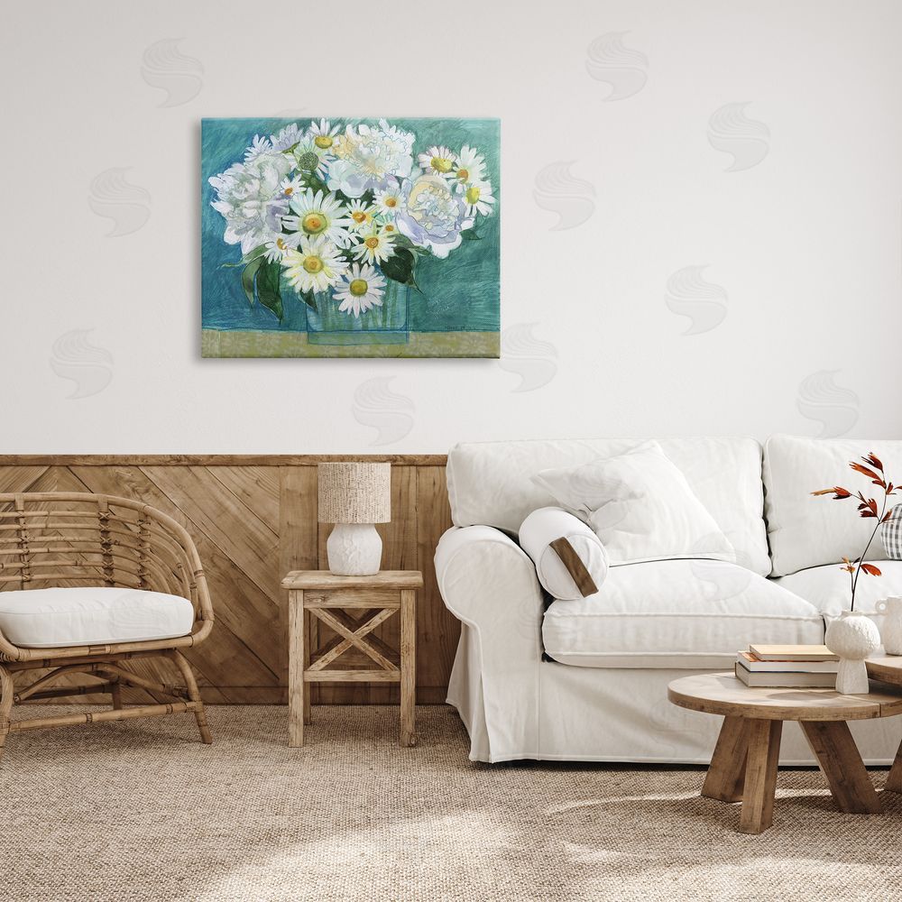Maret Hensick Mixed White Flower Blossoms Layered Drawing Canvas Wall Art Print in Room