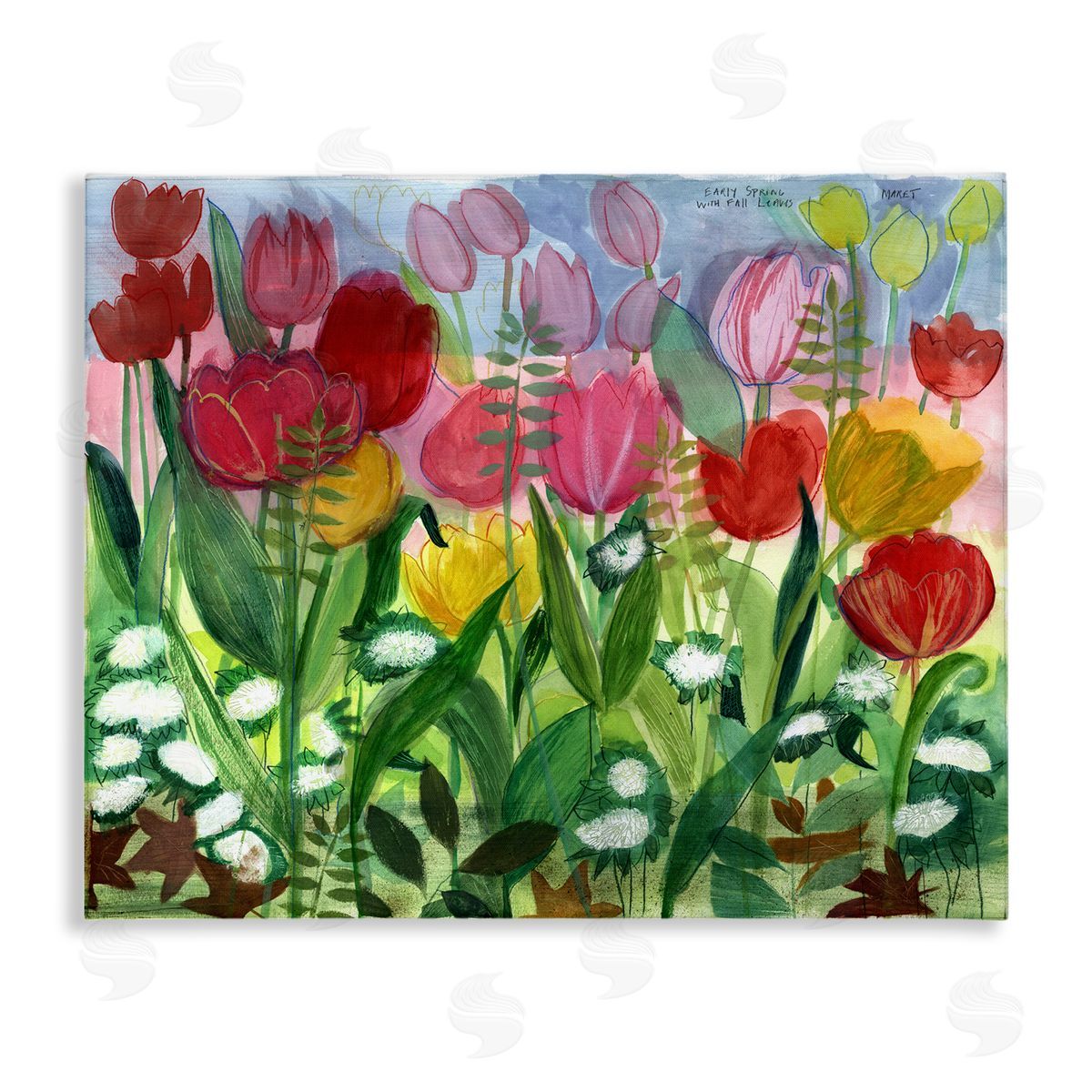Maret Hensick Lush Varied Spring Tulips Blooming Flower Meadow  Stretched Canvas Wall Art Print