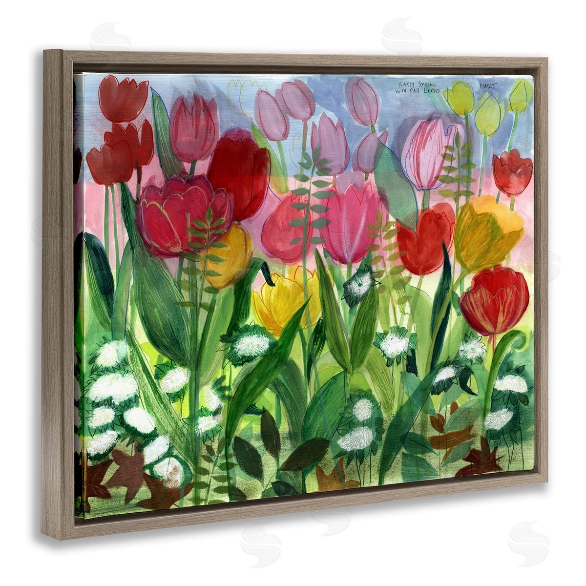Maret Hensick Lush Varied Spring Tulips Blooming Flower Meadow  Brown Floating Frame Canvas Wall Art Print