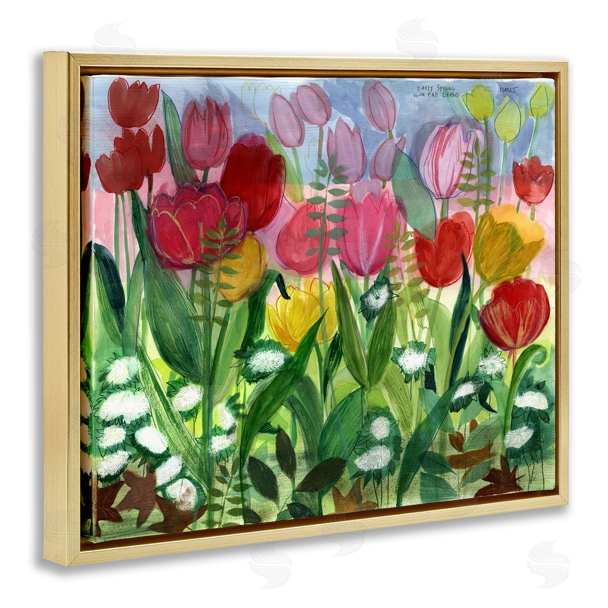 Maret Hensick Lush Varied Spring Tulips Blooming Flower Meadow  Gold Floating Frame Canvas Wall Art Print