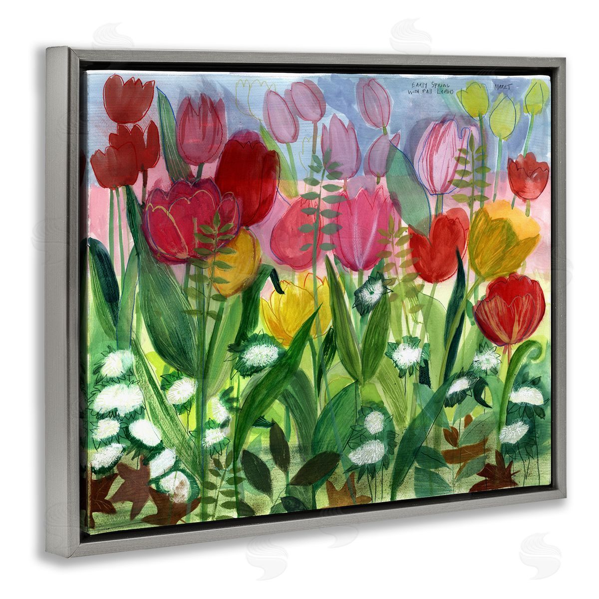 Maret Hensick Lush Varied Spring Tulips Blooming Flower Meadow  Gray Floating Frame Canvas Wall Art Print