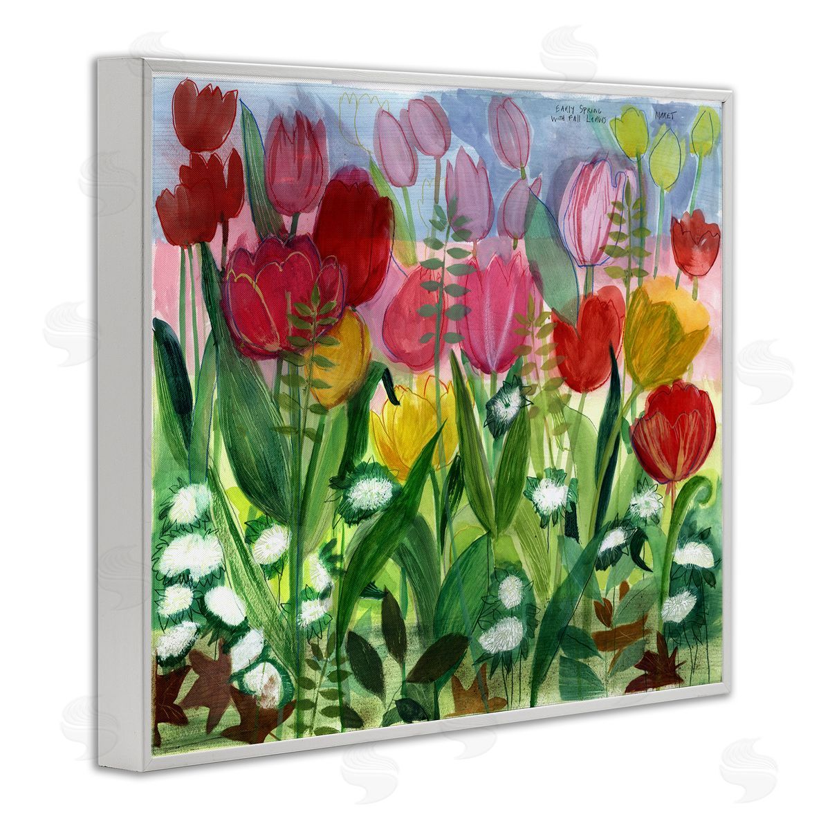 Maret Hensick Lush Varied Spring Tulips Blooming Flower Meadow  White Framed Giclee Wall Art Print
