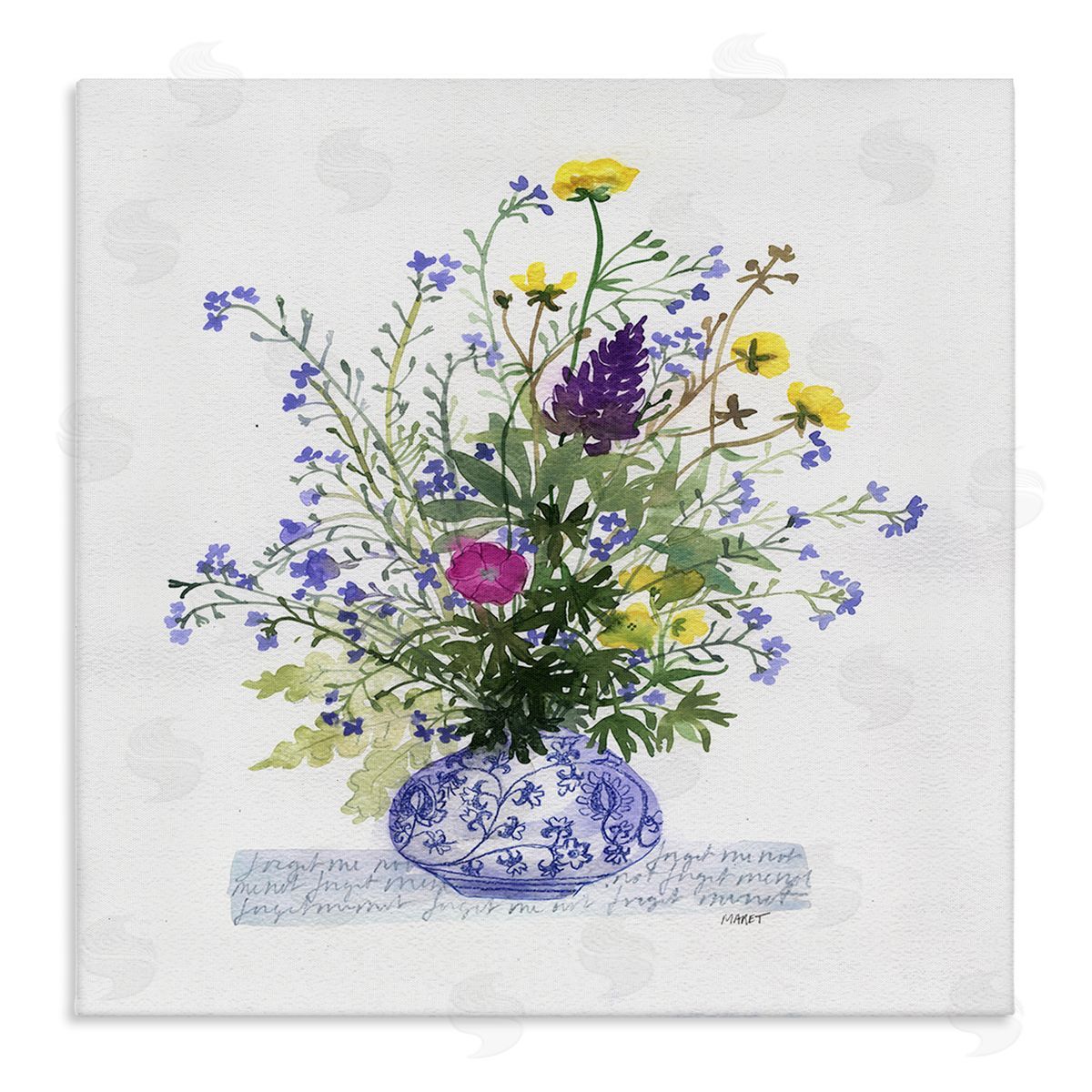 Maret Hensick Mixed Delicate Flowers Arrangement Cursive Words Pattern Stretched Canvas Wall Art Print