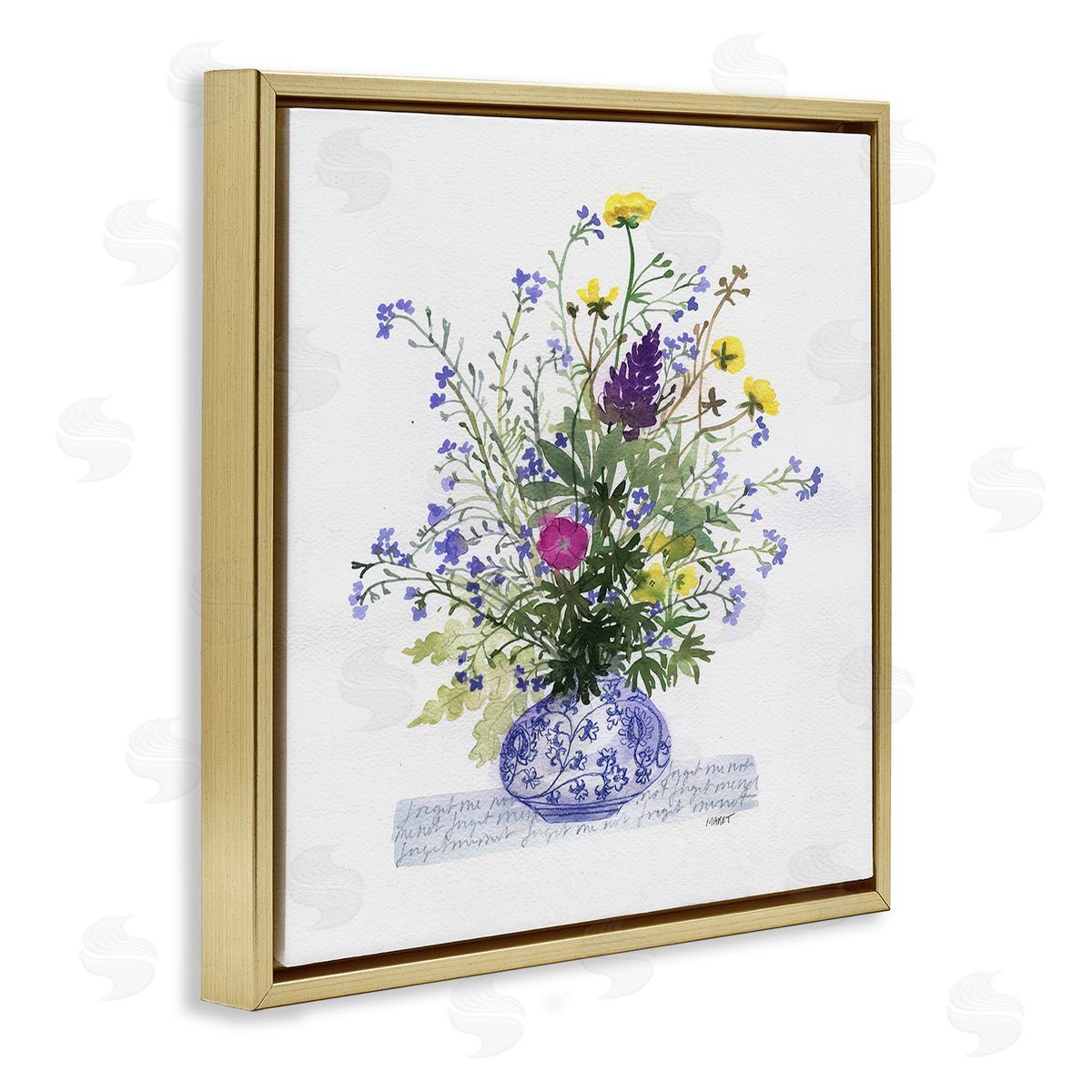 Maret Hensick Mixed Delicate Flowers Arrangement Cursive Words Pattern Gold Floating Frame Canvas Wall Art Print