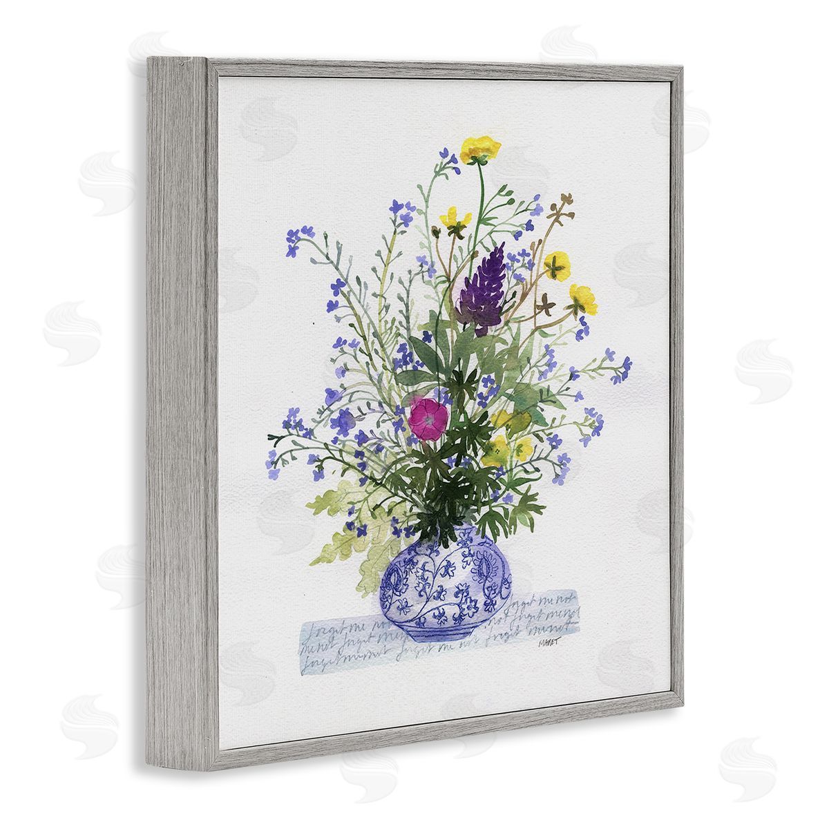 Maret Hensick Mixed Delicate Flowers Arrangement Cursive Words Pattern Gray Framed Glicee Wall Art Print