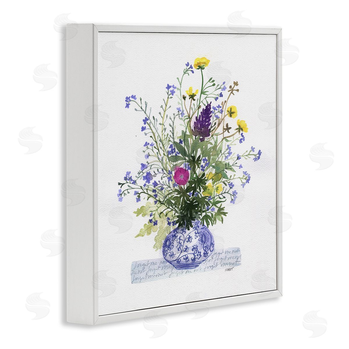 Maret Hensick Mixed Delicate Flowers Arrangement Cursive Words Pattern White Framed Glicee Wall Art Print