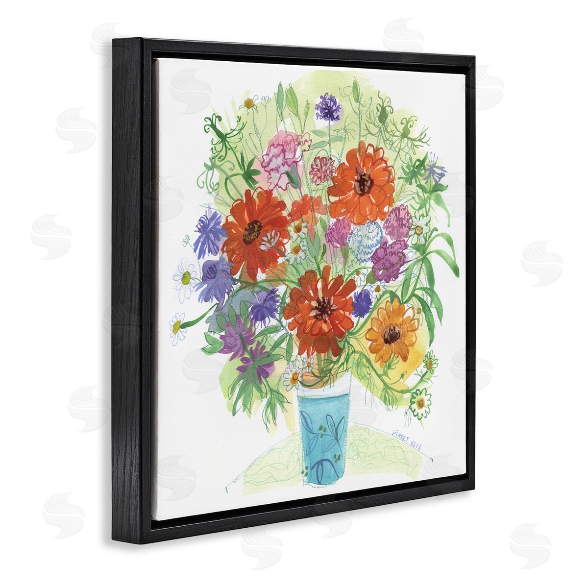 Maret Hensick Assorted Daisies Arrangement Layered Botanical Leaves  Black Floating Frame Canvas Wall Art Print