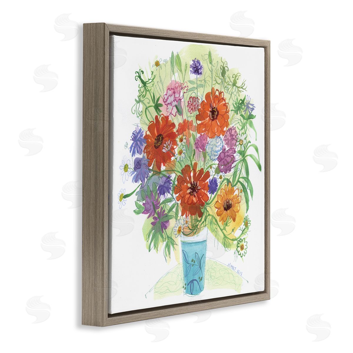 Maret Hensick Assorted Daisies Arrangement Layered Botanical Leaves  Brown Floating Frame Canvas Wall Art Print