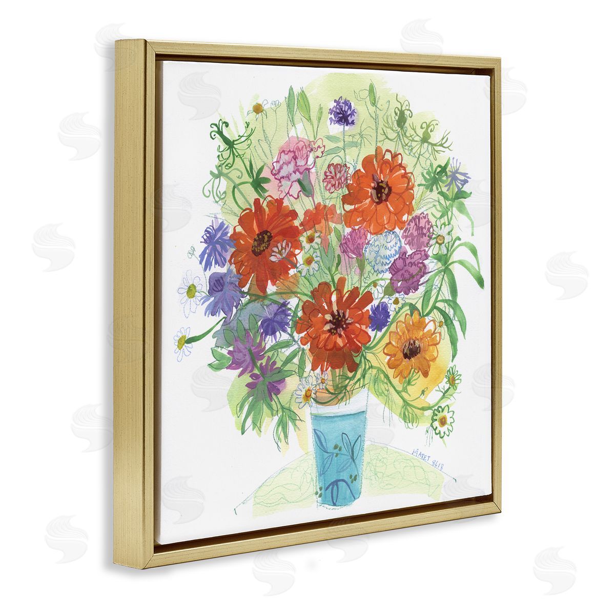 Maret Hensick Assorted Daisies Arrangement Layered Botanical Leaves  Gold Floating Frame Canvas Wall Art Print