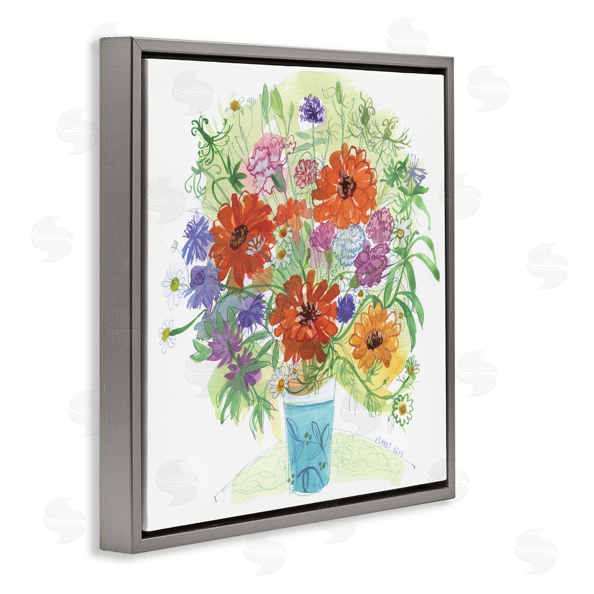 Maret Hensick Assorted Daisies Arrangement Layered Botanical Leaves  Gray Floating Frame Canvas Wall Art Print
