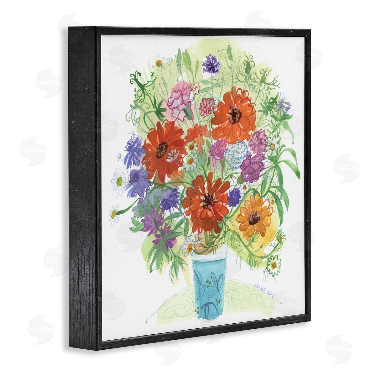 Maret Hensick Assorted Daisies Arrangement Layered Botanical Leaves  Black Framed Glicee Wall Art Print