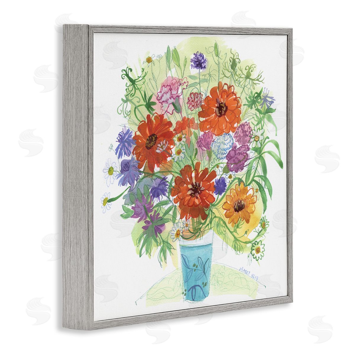 Maret Hensick Assorted Daisies Arrangement Layered Botanical Leaves  Gray Framed Glicee Wall Art Print