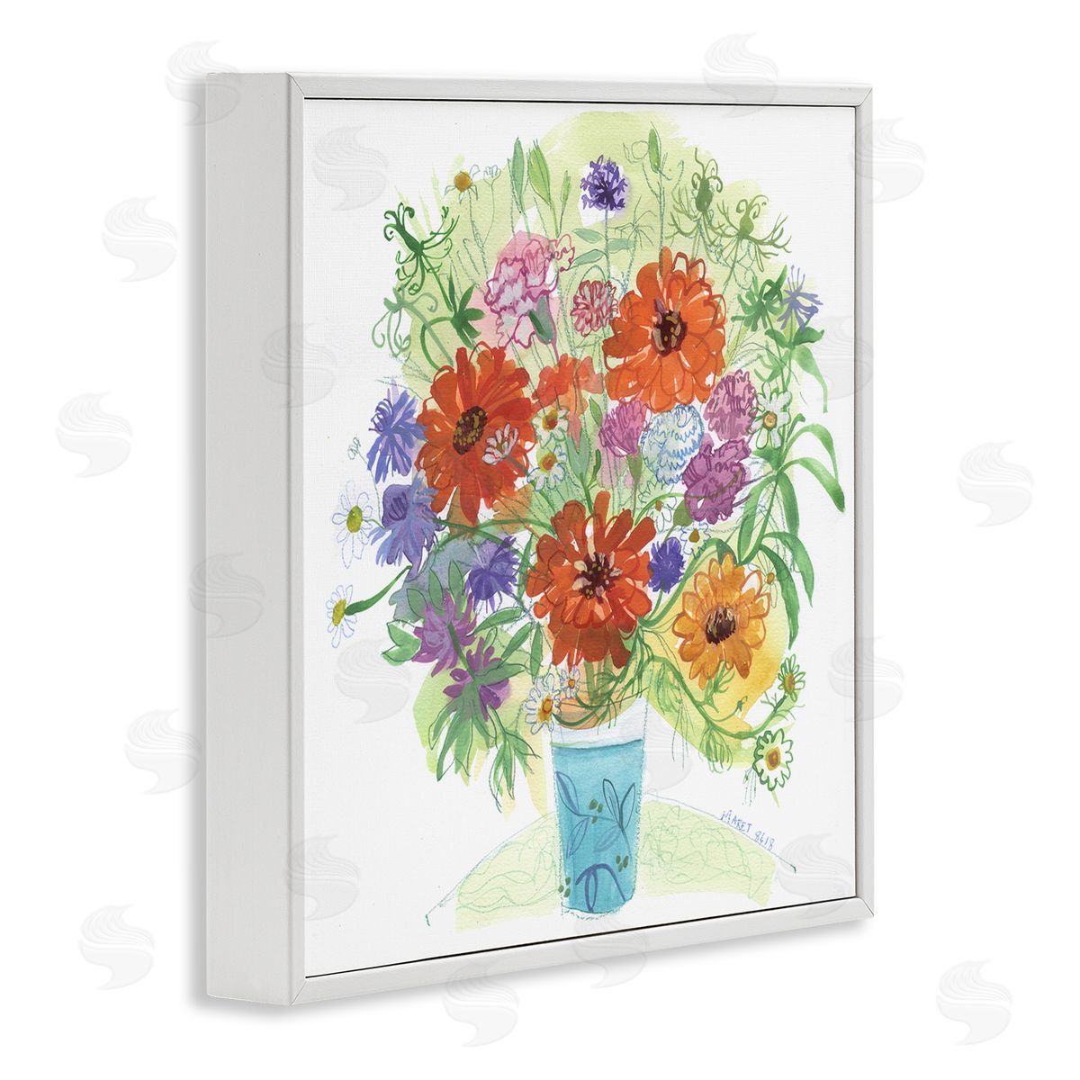 Maret Hensick Assorted Daisies Arrangement Layered Botanical Leaves  White Framed Glicee Wall Art Print
