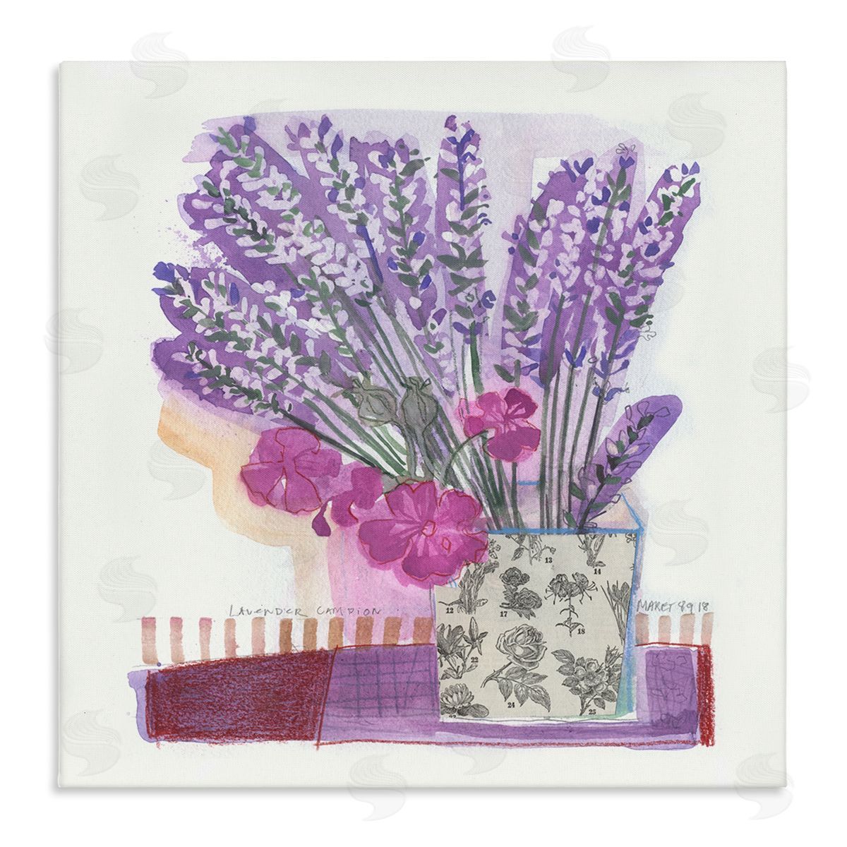 Maret Hensick Collaged Lavender Sprigs Bold Mixed Flower Blossoms  Stretched Canvas Wall Art Print