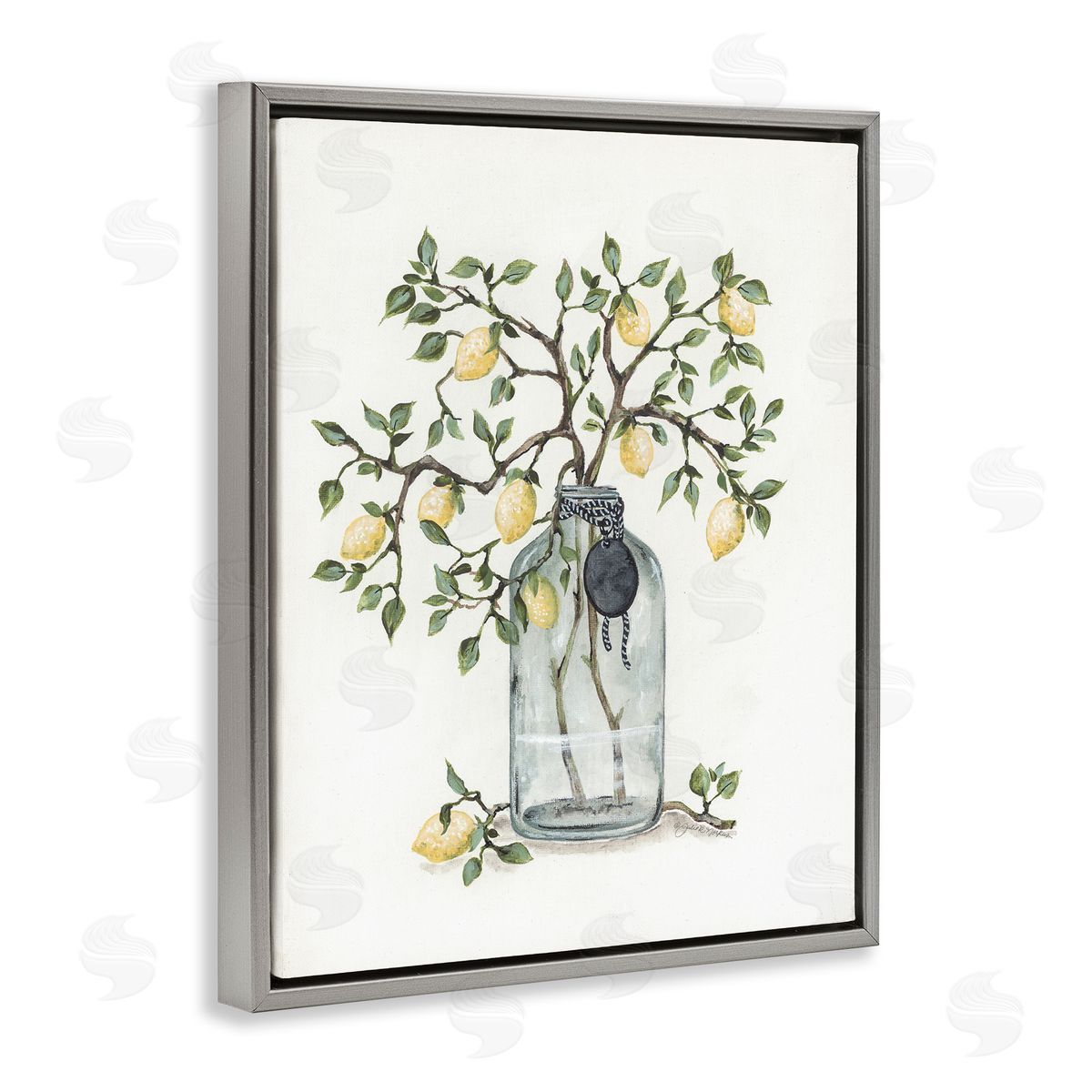 Julie Norkus Dangling Country Lemon Branches Decorated Glass Vase Gray Floating Frame Canvas Wall Art Print