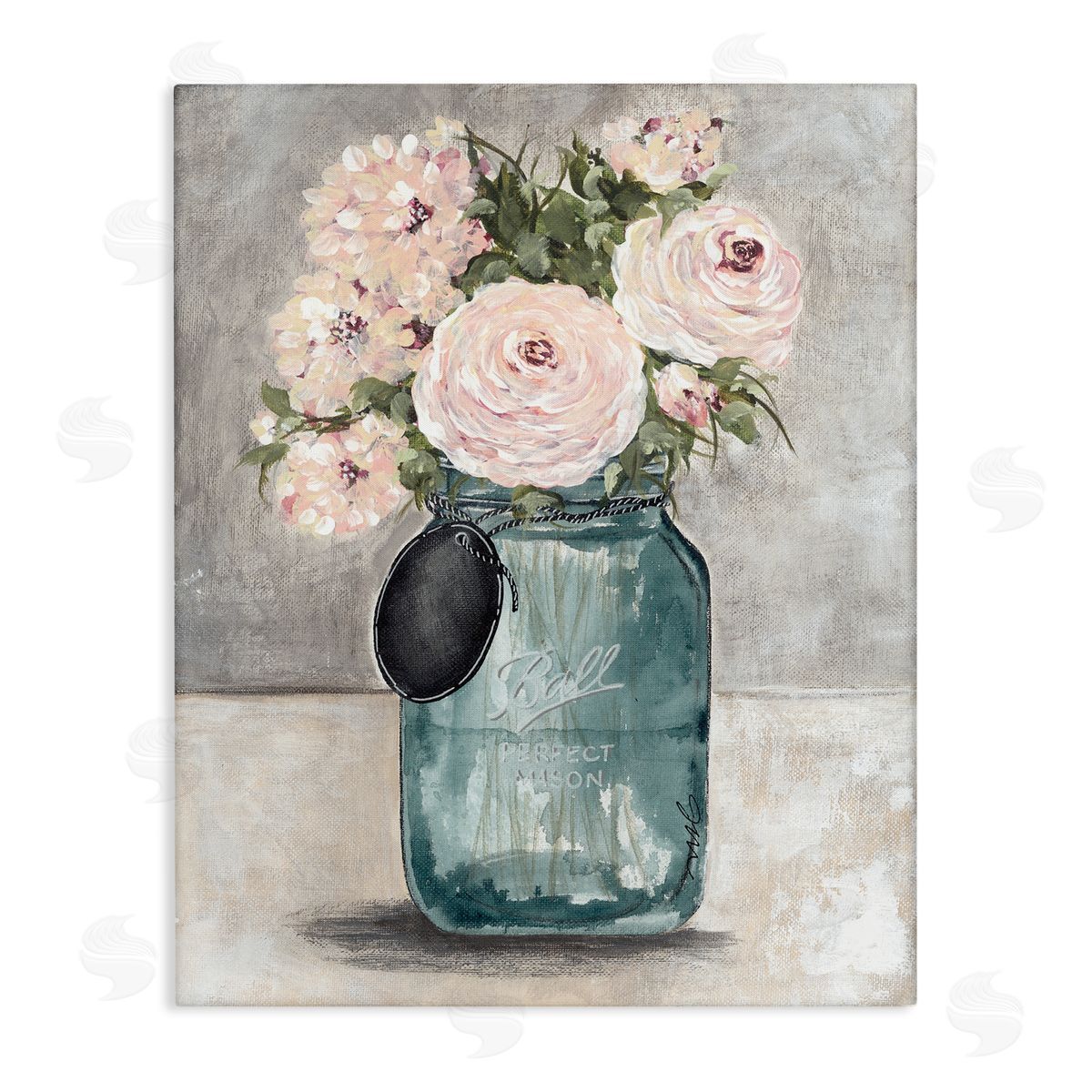 Julie Norkus Round Pink Blossoms Rustic Country Jar Vase Stretched Canvas Wall Art Print