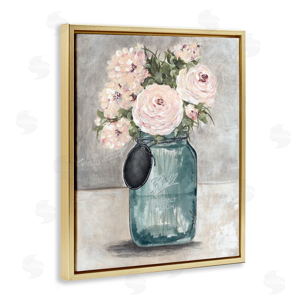 Julie Norkus Round Pink Blossoms Rustic Country Jar Vase Gold Floating Frame Canvas Wall Art Print