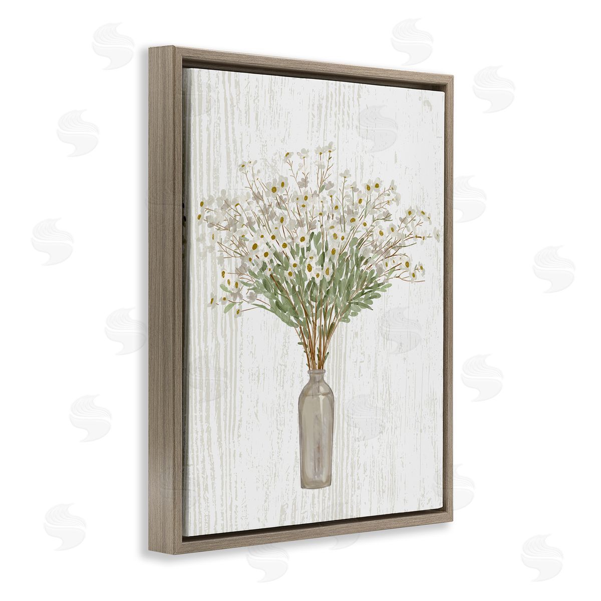 Ziwei Li Country Wildflower Blooms Arrangement Rustic Plank Pattern Brown Floating Frame Canvas Wall Art Print